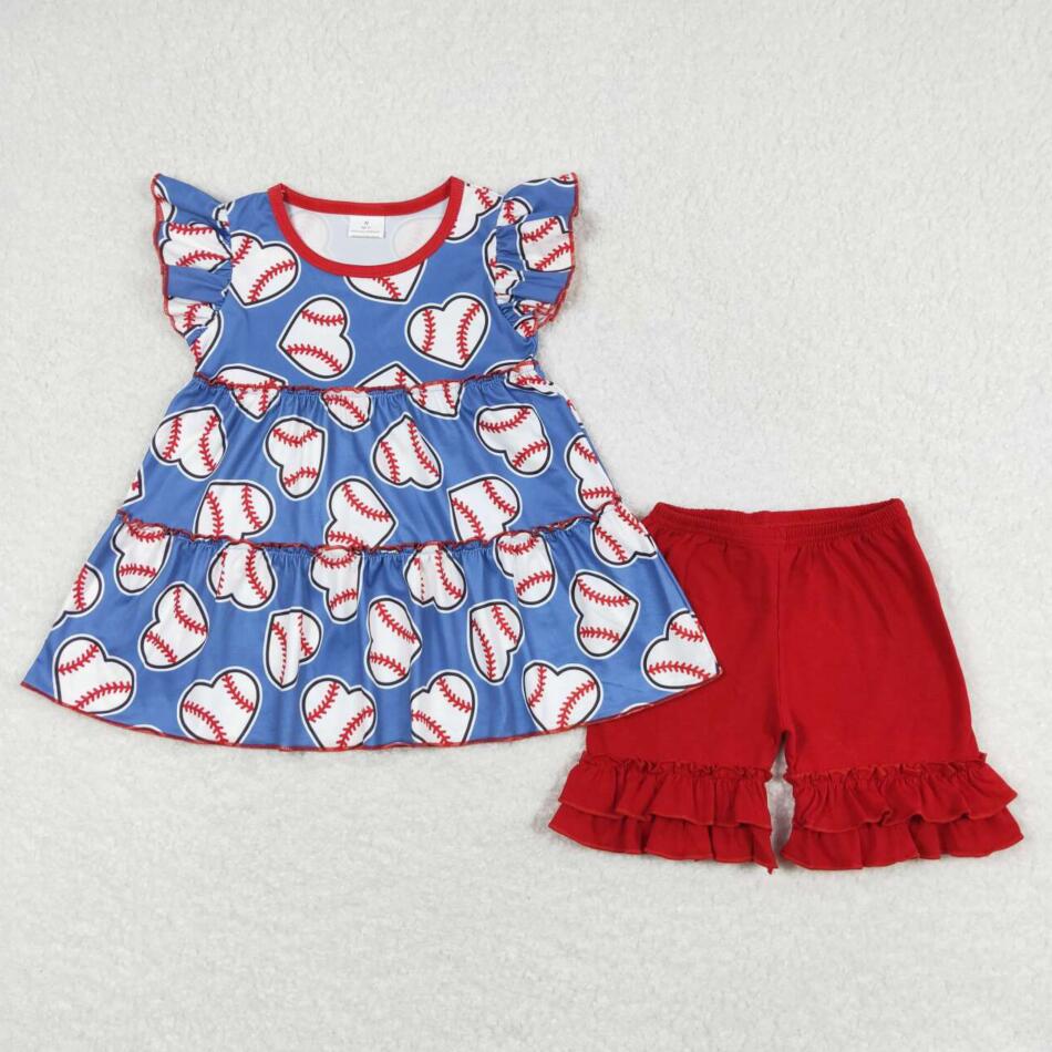 Baby Girls Baseball Tunic Top matching Red Shorts Outfit