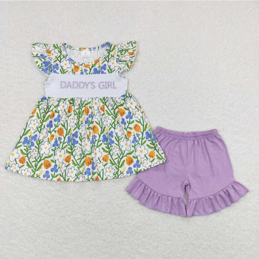 GSSO0557 Daddy's Girl Floral Tunic Top Purple Shorts Set