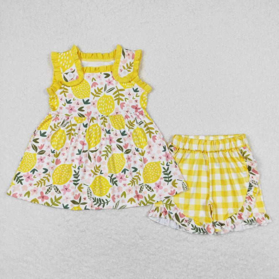 GSSO0752 Baby Girls Lemon Floral Top matching Yellow Shorts Set