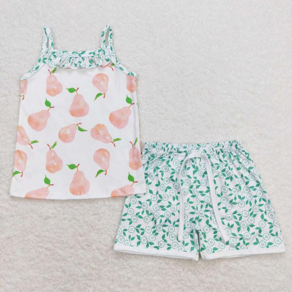 GSSO0867 Baby Girls Pears Fruit Straps Top Shorts Summer Clothes Sets