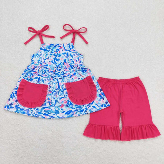 GSSO1028 Baby Girls Blue Floral Top Matching Hot Pink Shorts Set