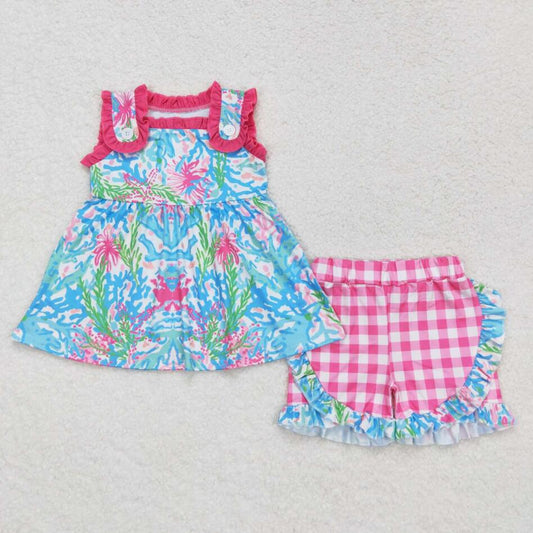 GSSO0845 Kids Girls Colorful Coral Print Ruffle Shorts Outfit