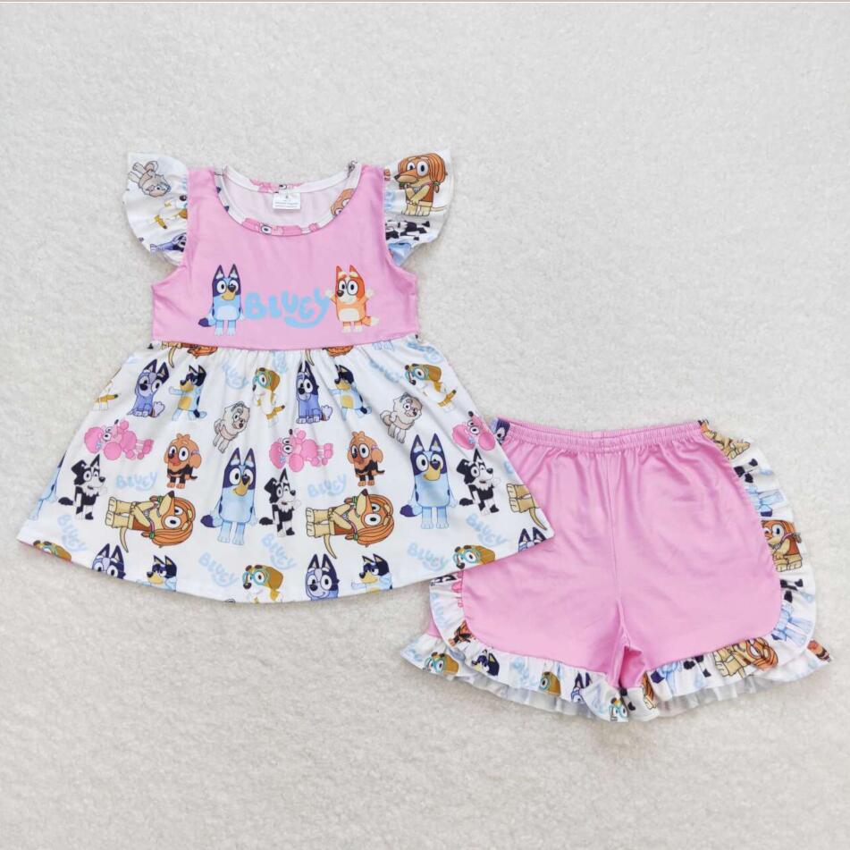 GSSO0388 Baby Girls Pink Cartoon Dog Pink Shorts Set