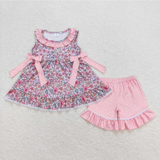 GSSO0789 Summer Kids Girls Floral Top Matching Pink Shorts Outfit