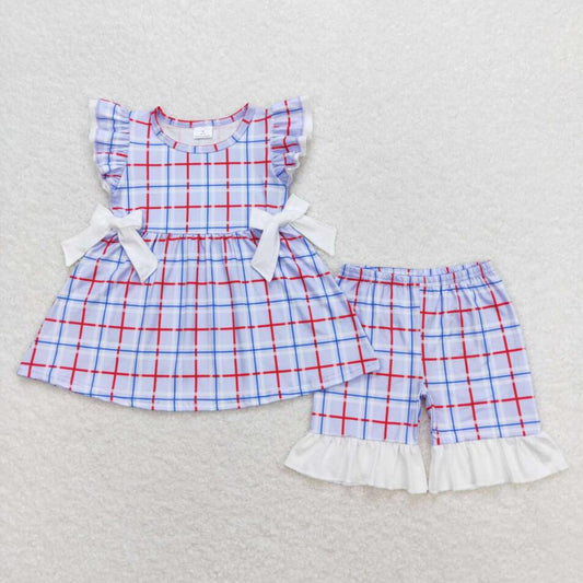 GSSO0707 Sumemr Baby Girls Blue Pliad Shorts Set