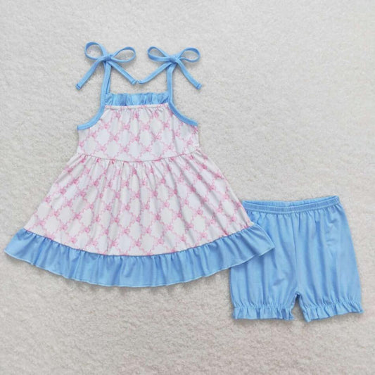 Summer Baby Girls Pink Bow Tunic Top Blue Shorts Set