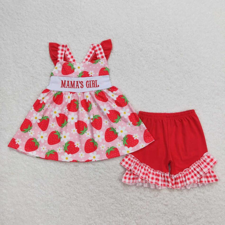 Summer Mama's Girl Strawberry Embroidery Shorts Set