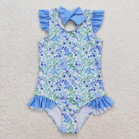 S0278 Baby Girls Summer Blue Floral Swimsuit