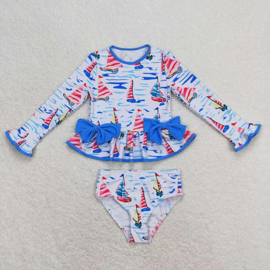 S0276 Baby Girls Sailboat Two Piece Long Sleeve Swimwear Swimsuit