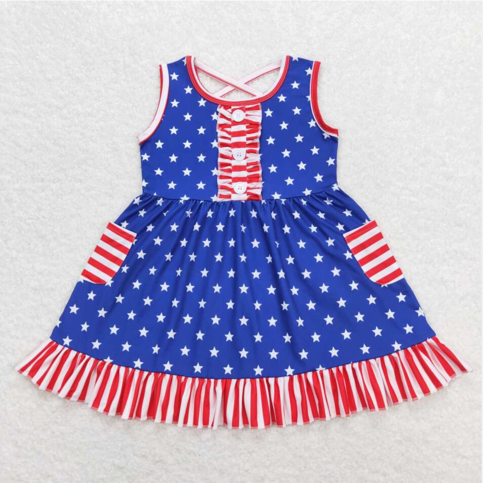 GSD0976 Kids Girls July 4th Stars Sleeveless Dress With Pocket