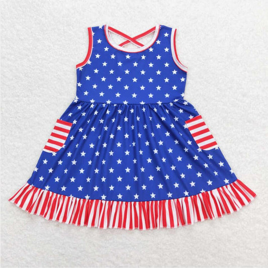 GSD0976 Kids Girls July 4th Stars Sleeveless Dress With Pocket