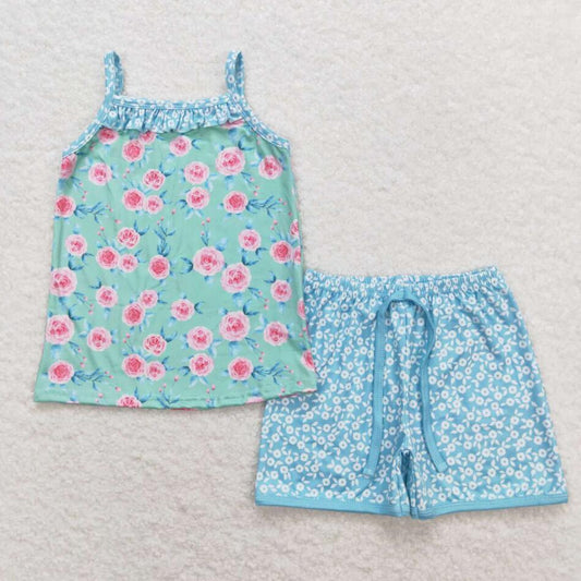 GSSO0863 Baby Girls Green Pink Flowers Straps Top Shorts Summer Clothes Sets