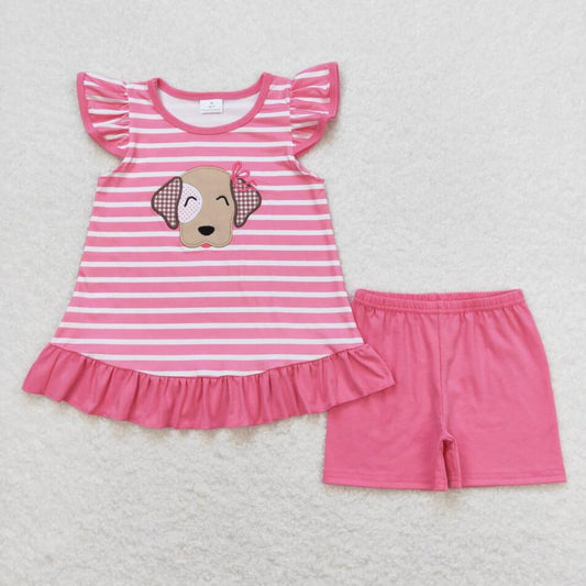 GSSO0874 Baby Girls Summer Embroidery Dog Shorts Set