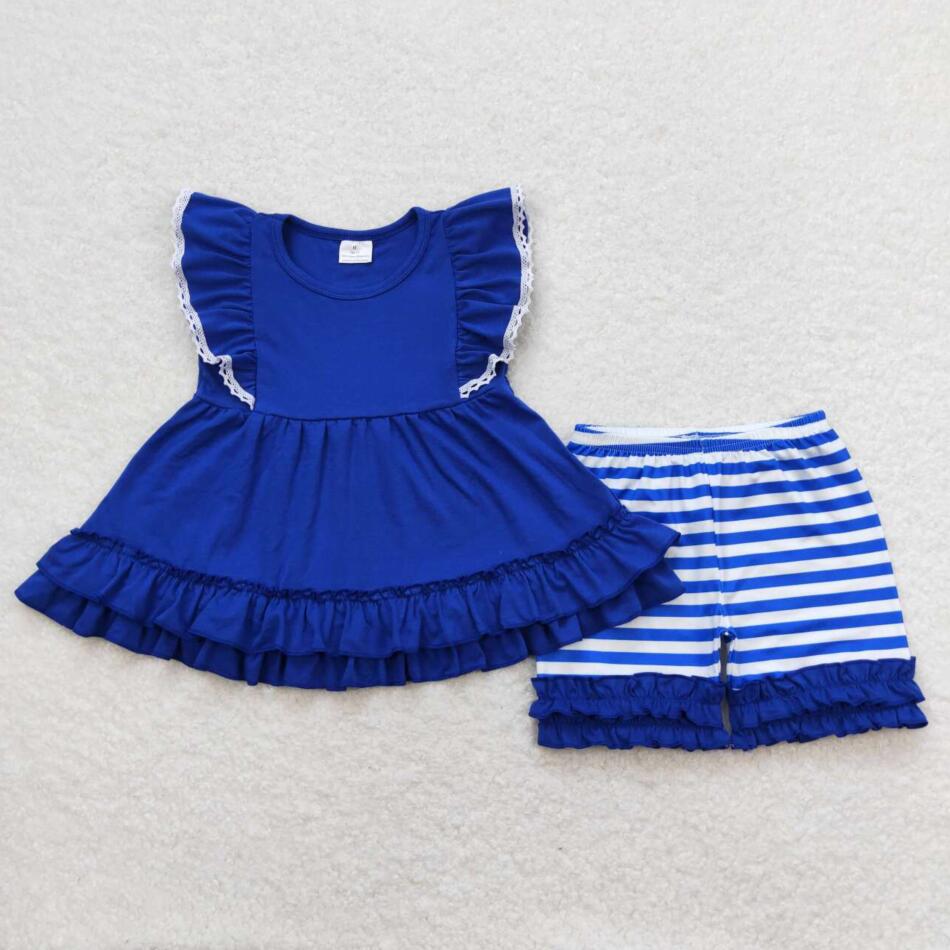 GSSO0762 Baby Girls Blue Cottom Tunic Top Matching Striped Ruffle Shorts Set