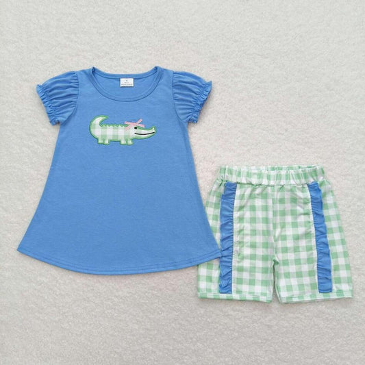 GSSO0850 Kids Girls Crocodile Green Gingham Shorts Set