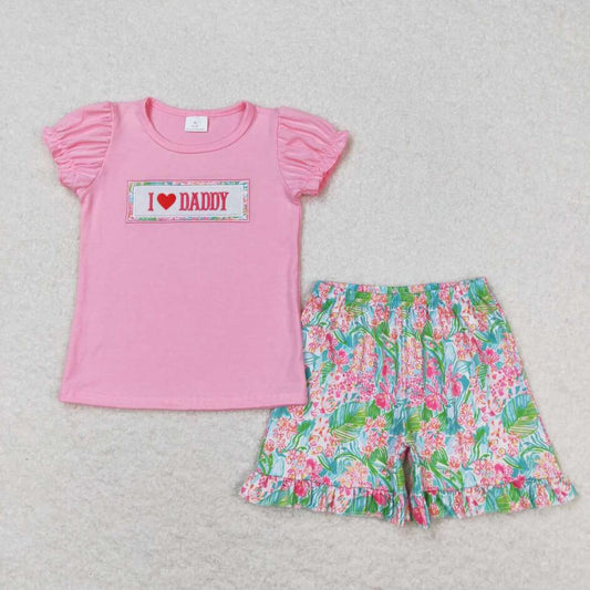 GSSO0658 I Love Daddy Embroidery Summer Floral Shorts Outfit