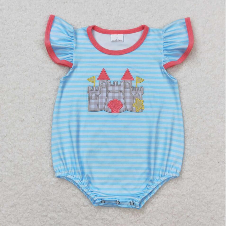 SR1317 Newborn Baby Girls Embroidery Beach castle Romper