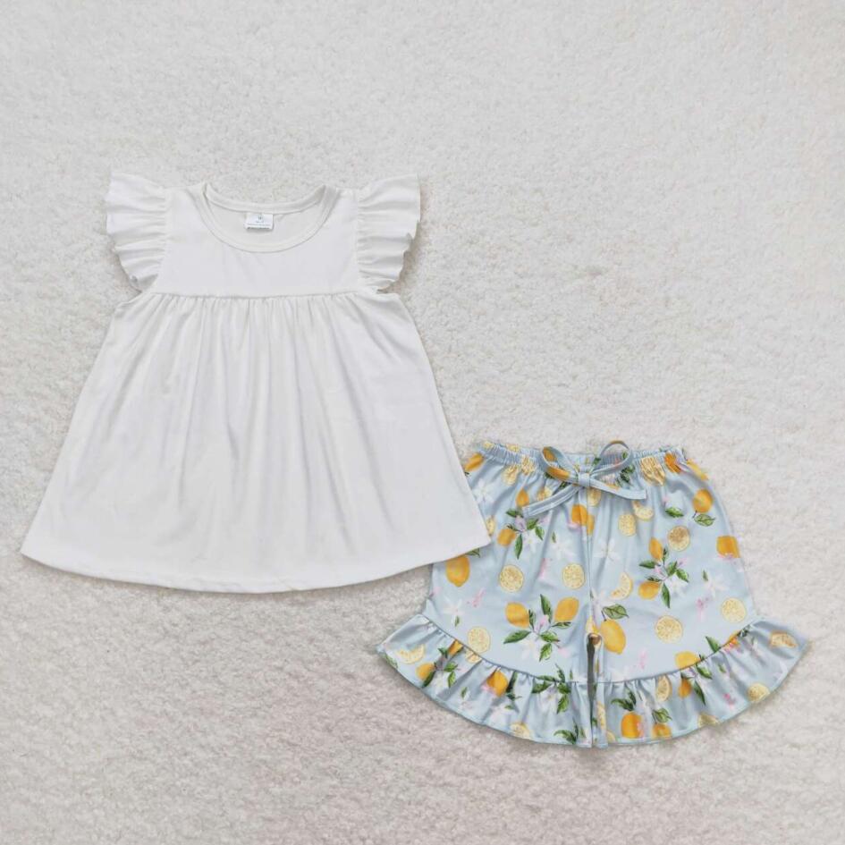 GSSO0870 Baby Girls White Tunic Matching Lemon Shorts Set