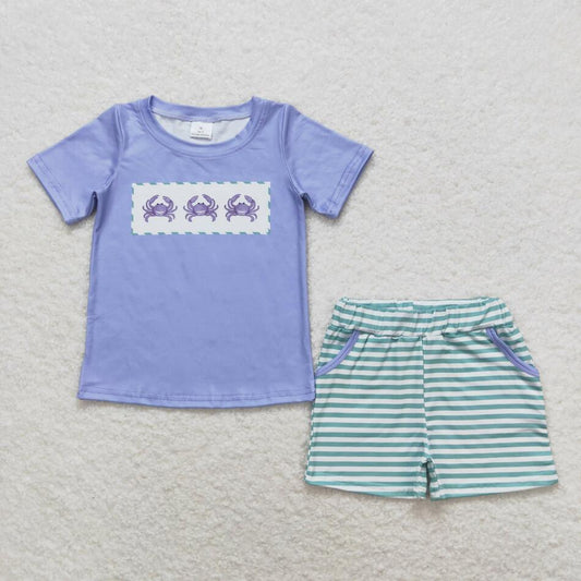 BSSO0637 Summer Boys Blue Embroidery Crab Shorts Set