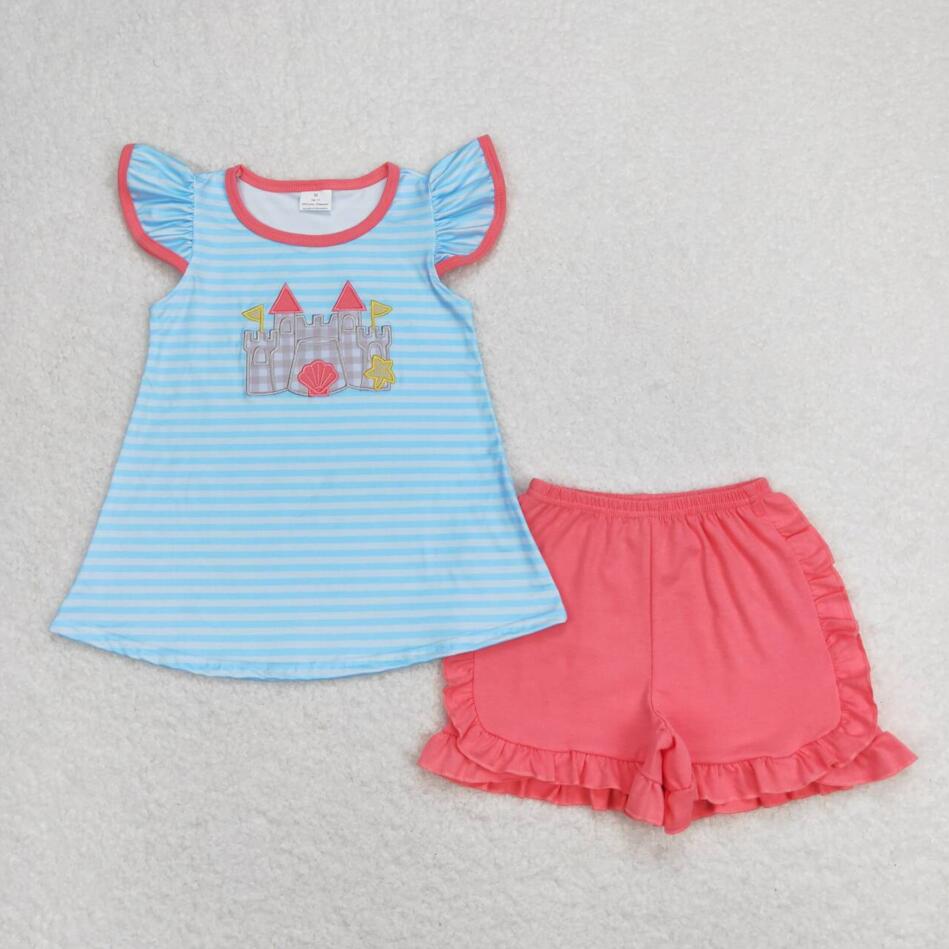 GSSO0875 Baby Girls Embroidery Beach Castle Shorts Set