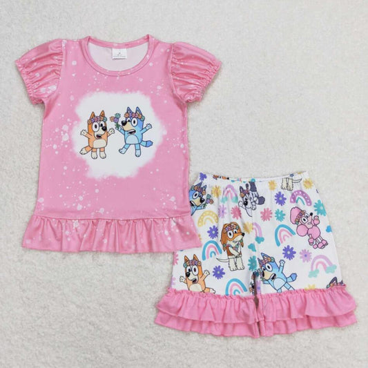 GSSO0823 Summer Girls Cartoon Dog Shorts Set