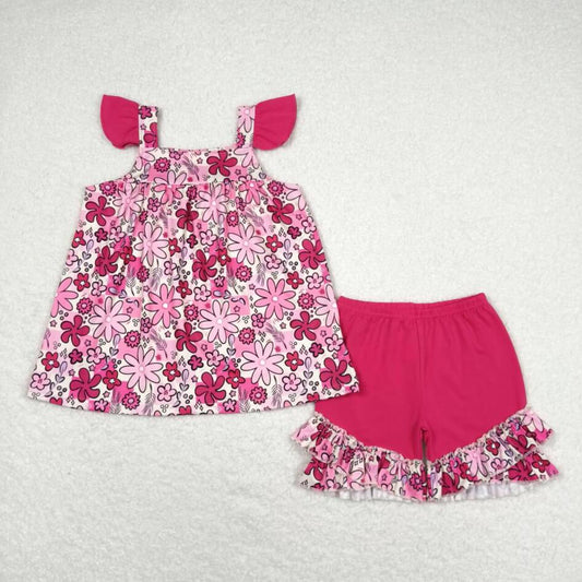 GSSO1005 Hot Pink Floral Tunic Top Ruffle Shorts Set