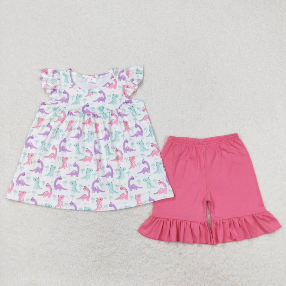 GSSO0787 Summer Baby Girls Cute Dinosaur Pink Shorts Set