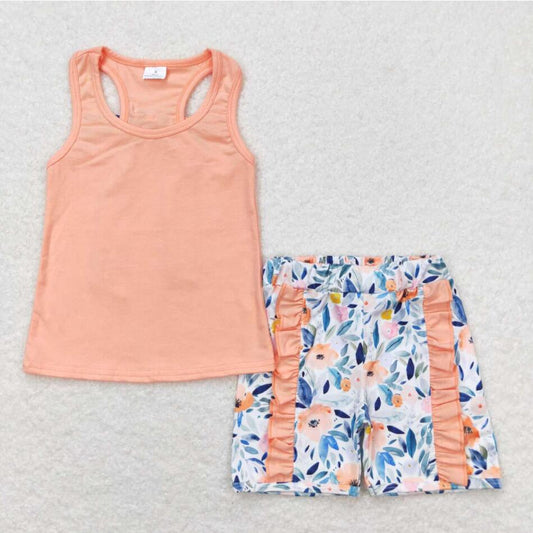 GSSO1061 Baby Girls Orange Top Floral Ruffle Shorts Outfit