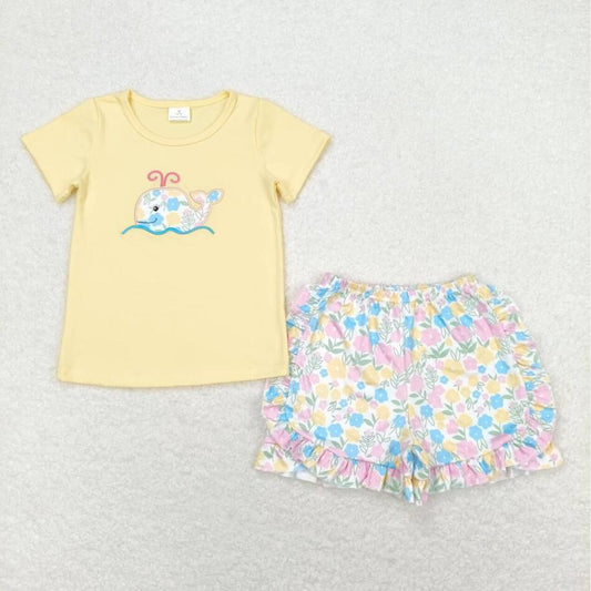 GSSO0765 Baby Girls Summer Foral Whale Shorts Set