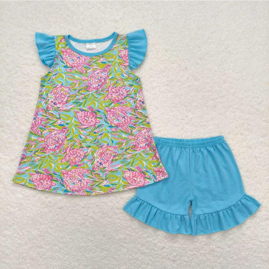 GSSO1095 Baby Girls Sea TurtleTunic Top Blue Ruffle Shorts Set