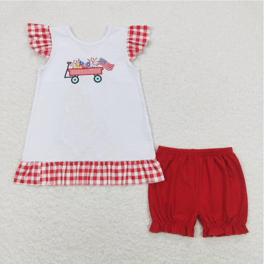 GSSO0662 Baby Girls July 4th Flag Embroidery Red Shorts Outfit