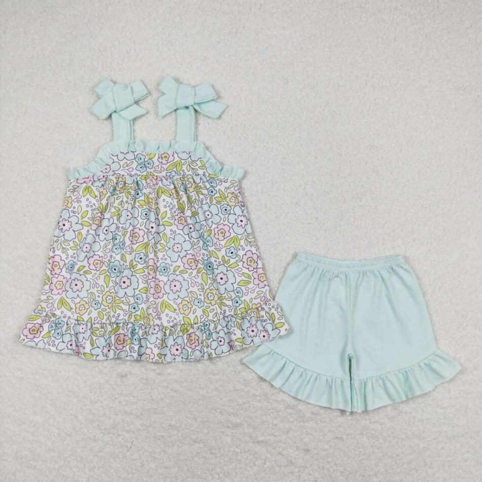 GSSO1018 Baby Girls Floral Tunic Ruffle Blue Shorts Set