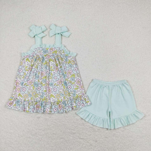 GSSO1018 Baby Girls Floral Tunic Ruffle Blue Shorts Set