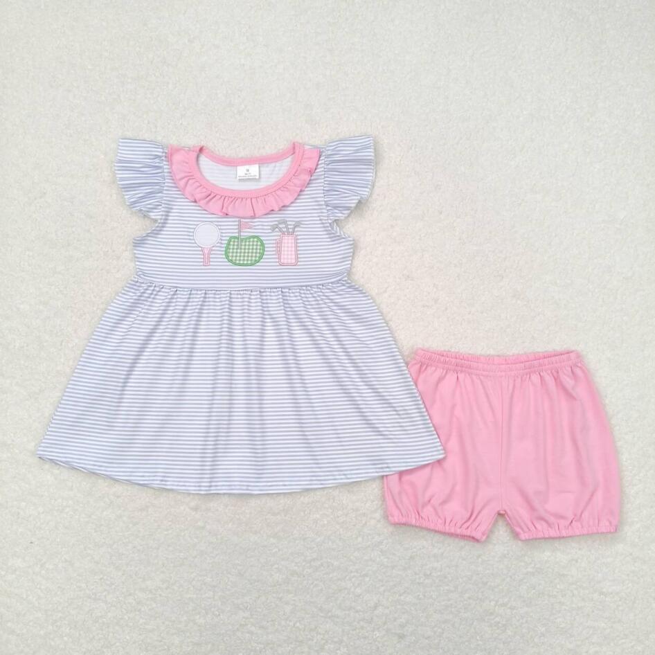 GSSO0767 Baby Girls Embroidery Golf Pink Ruffle Shorts Set