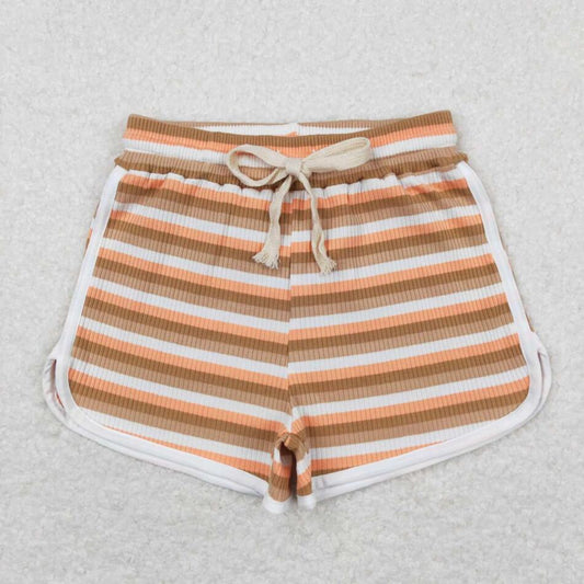 SS0336 Kids Girls Orange Brown Color Striped Cotton Shorts