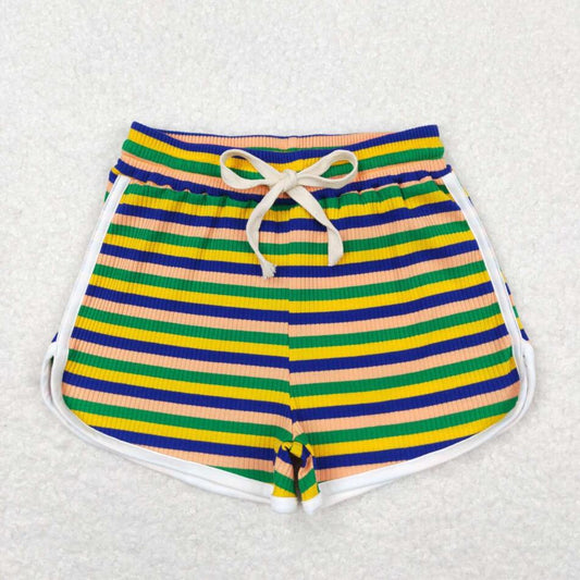 SS0339 Kids Girls Green Yellow Blue Color Striped Cotton Shorts