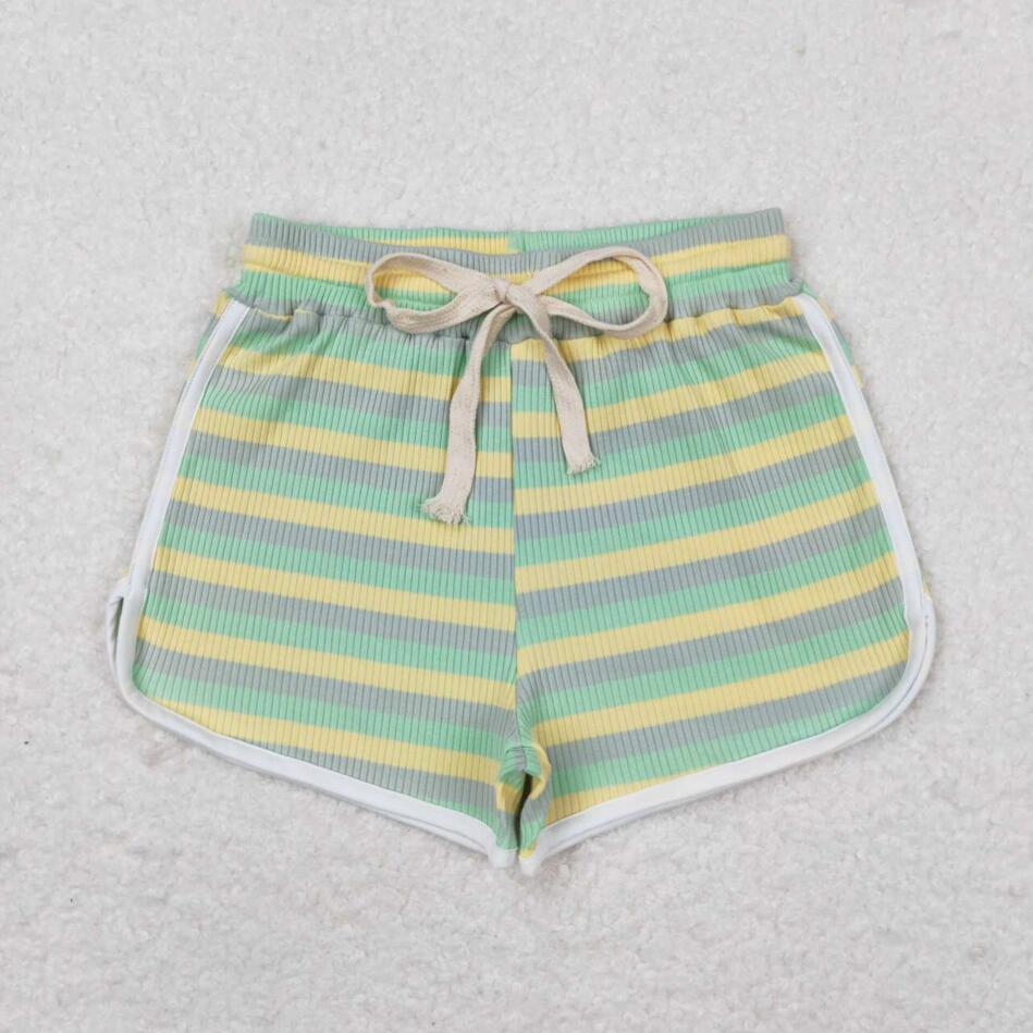 SS0341 Kids Girls Yellow Green Color Striped Cotton Shorts