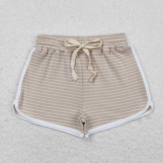 SS0342 Kids Girls Light Brown Color Striped Cotton Shorts