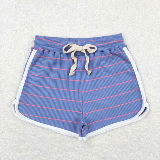 SS0344 Kids Girls Blue Pink Color Striped Cotton Shorts
