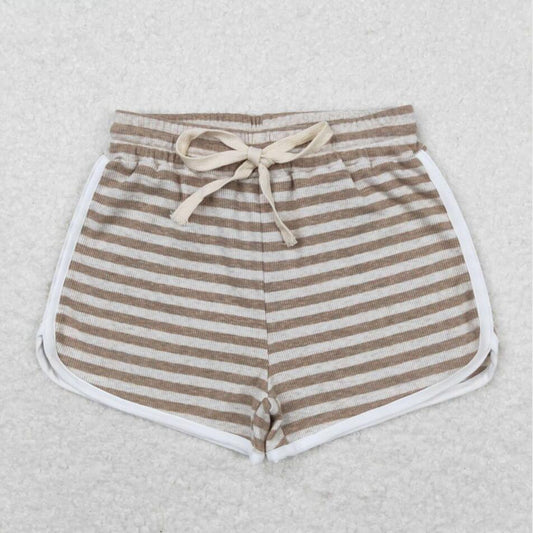SS0346 Kids Girls Ligth Brown Striped Cotton Shorts