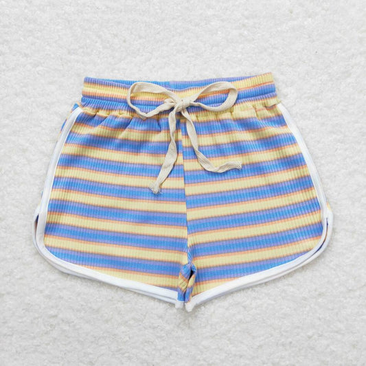 SS0347 Kids Girls BLue Yellow Striped Cotton Shorts