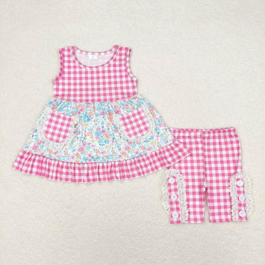 GSSO0813 Vintage Design Floral Pink Gingham Leggings Set