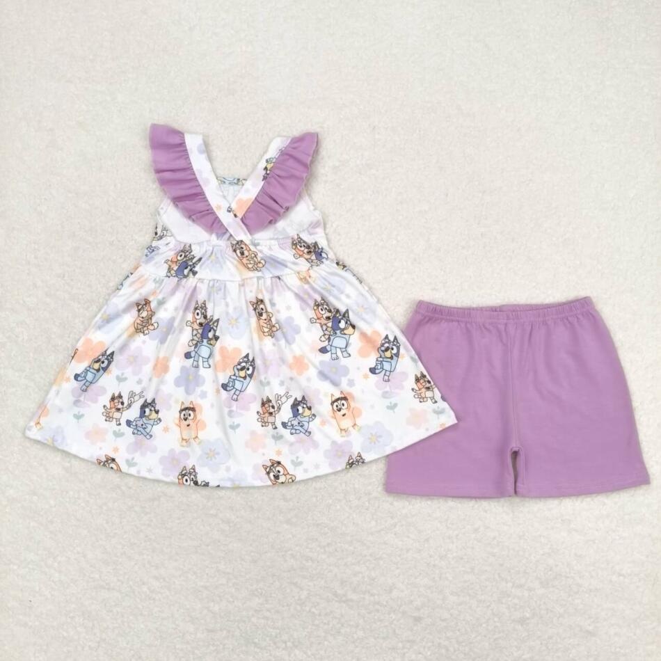 GSSO0998 Baby Girls cartoon Dog Tunic Top Ruffle Shorts Set