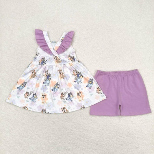 GSSO0998 Baby Girls cartoon Dog Tunic Top Ruffle Shorts Set