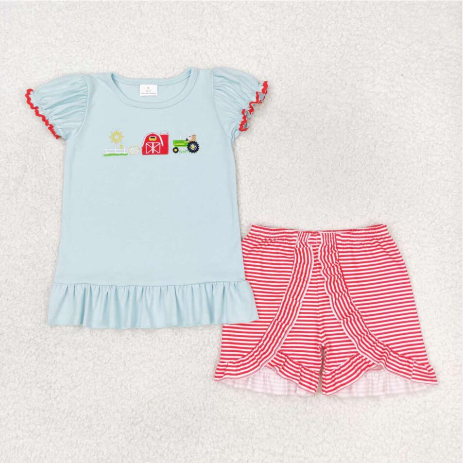 GSSO0788 Summer Baby Girls Embroidery Farm Shorts Set