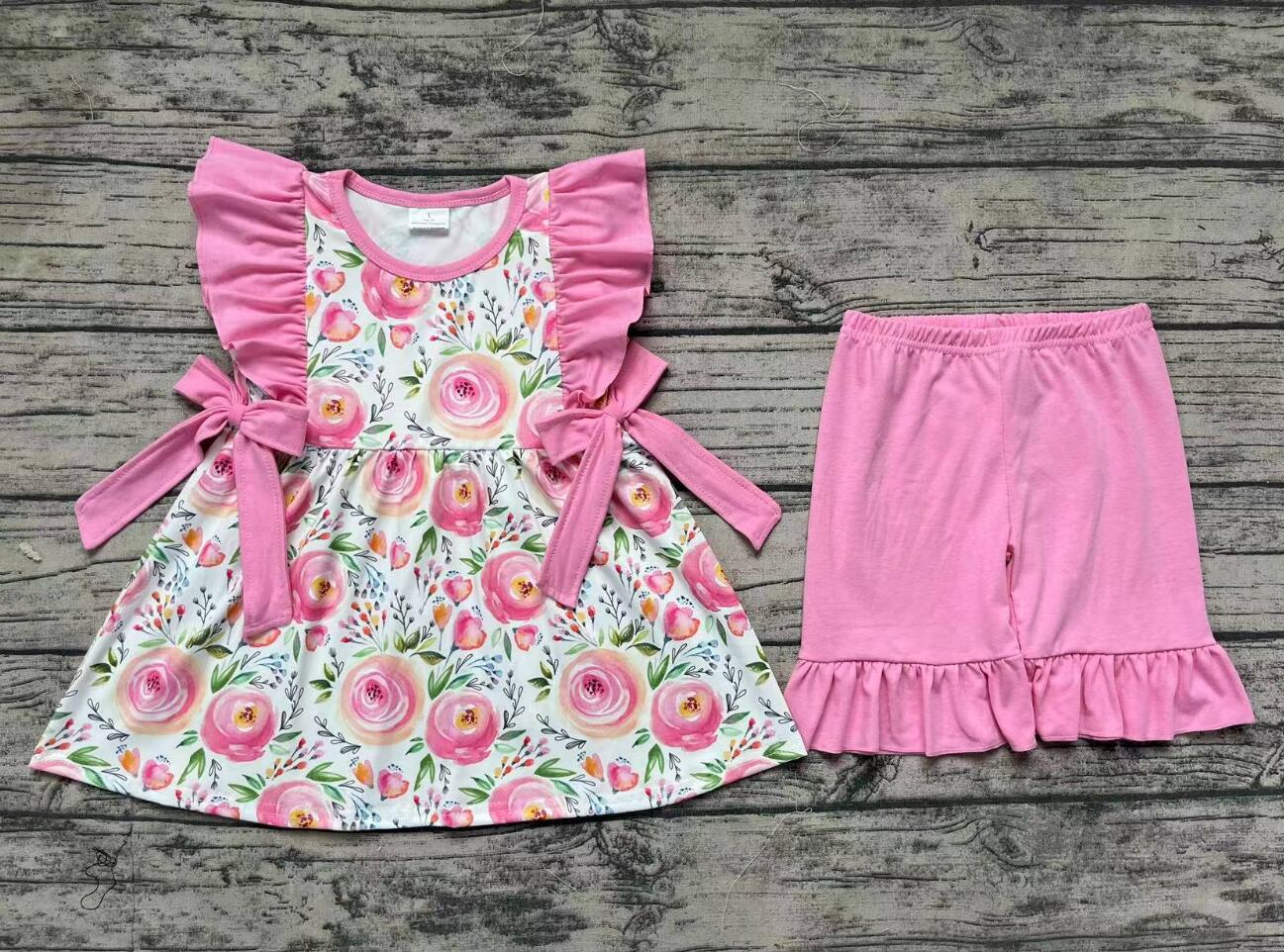 Wholesale Pink Flower Cute Baby Kids Design Boutique Kid Clothing Set