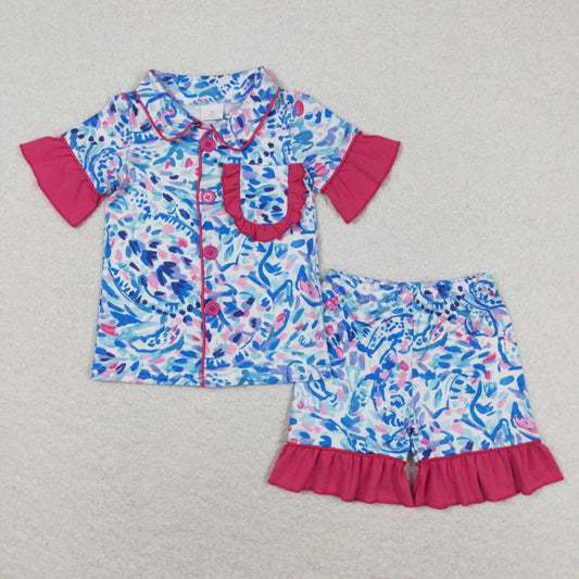 GSSO1096 Baby Girls Floral Top Ruffle Shorts Pajama Set