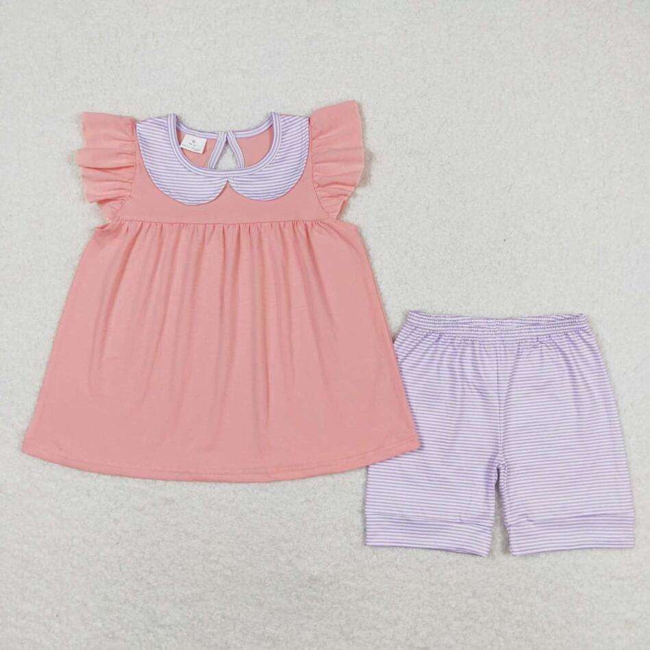 GSSO1066 Baby Girls Pink Tunic Top Purple Ruffle Shorts Outfit