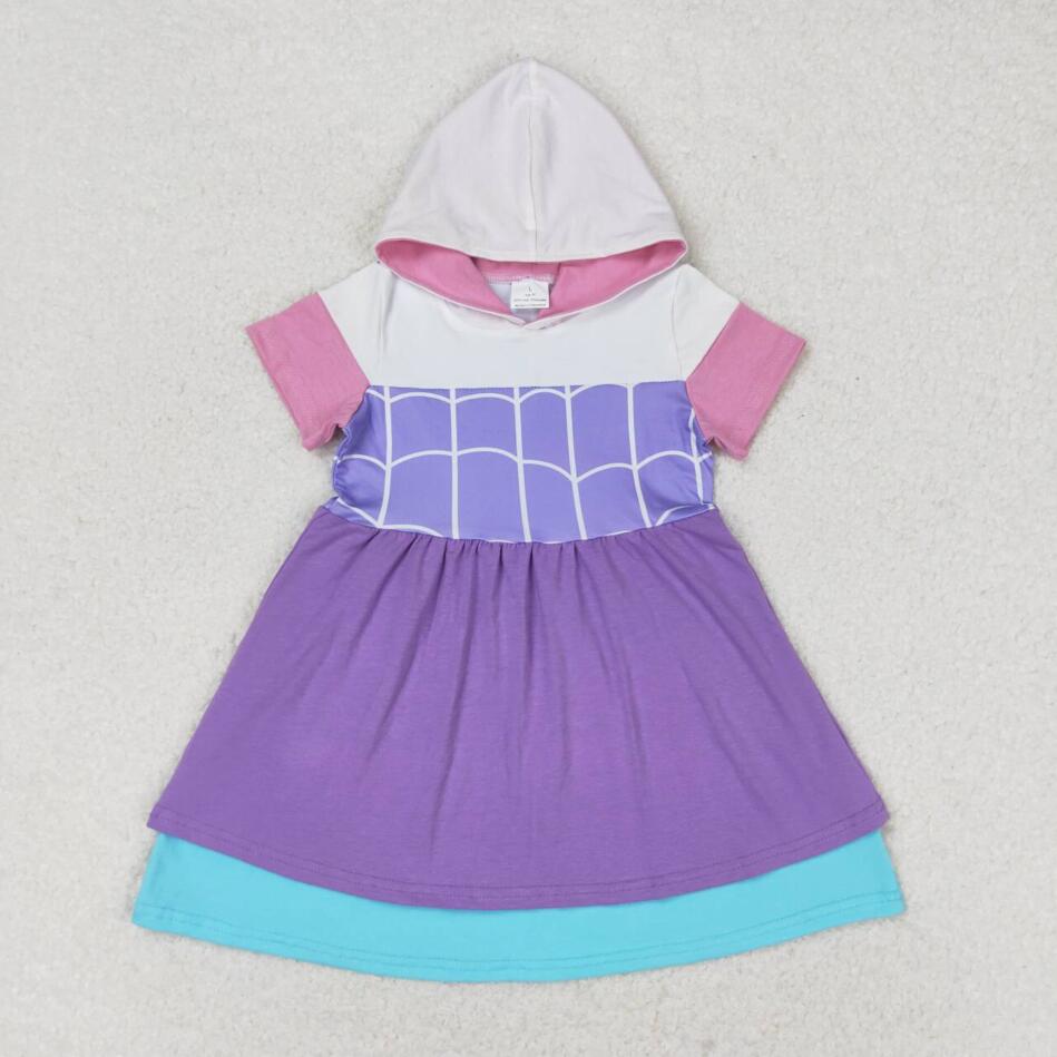 GSD0996 Kids Girls Purple Princess Short Sleeve Hoodie Dress