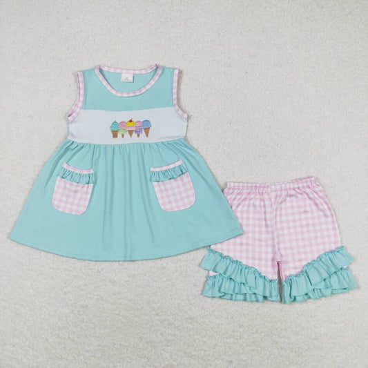 GSSO0826 Summer Girls Ice Cream Ruffle Shorts Set